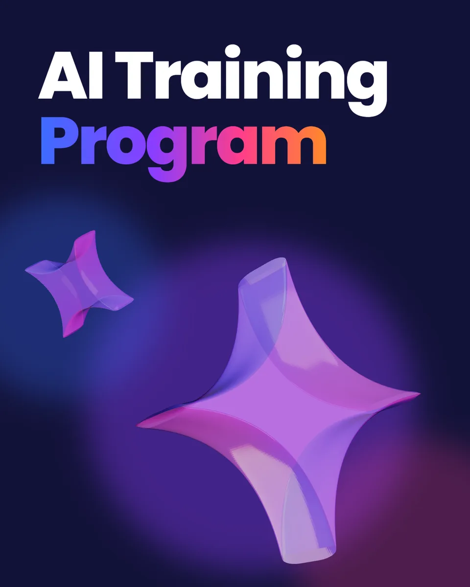 The title AI Training Program on dark navy, next to two semi-transparent glass sparkles in violet and pink