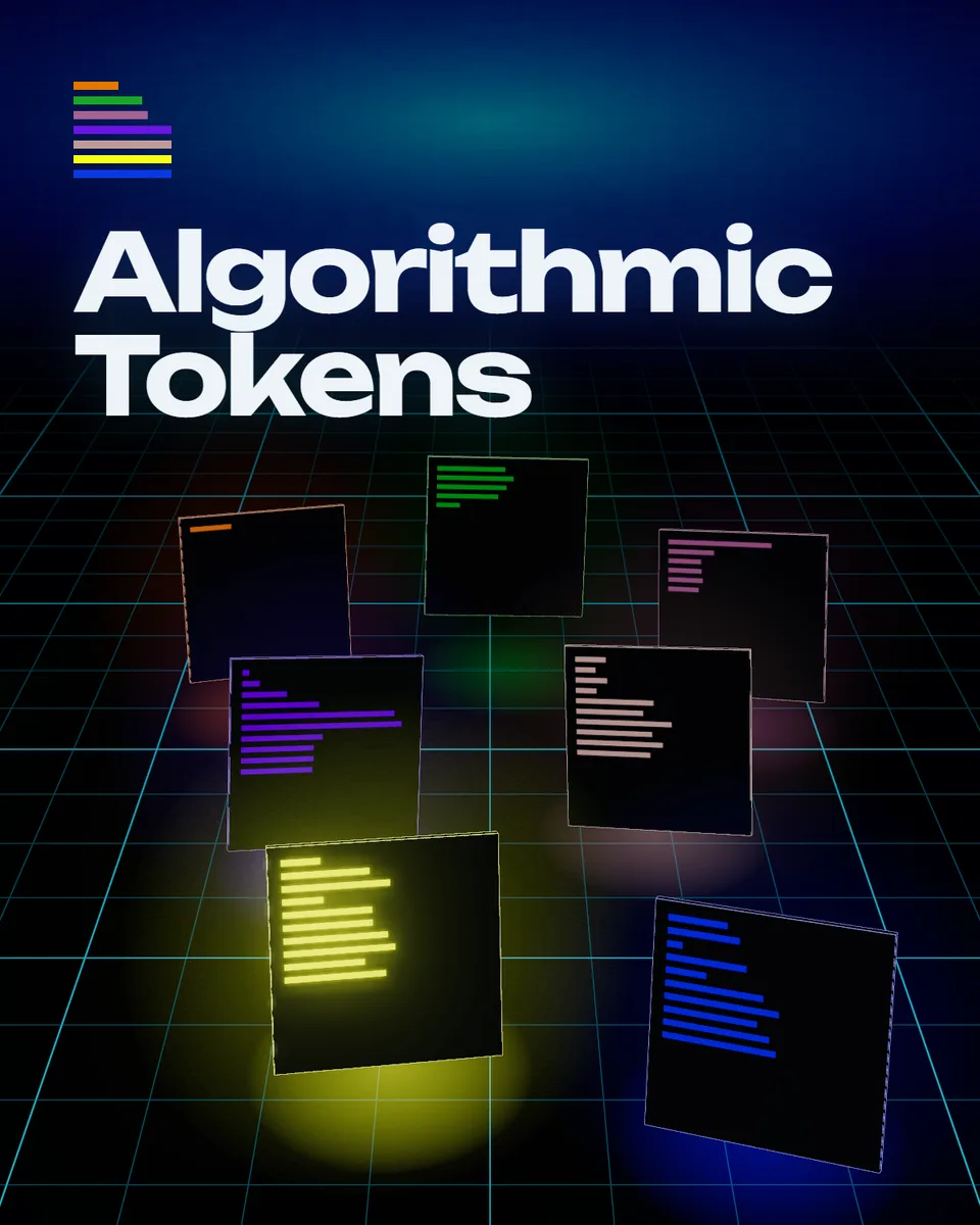 The words Algorithmic Tokens in white next to seven square tokens with colored bars, floating over a cyan wireframe grid that fades into a dark horizon