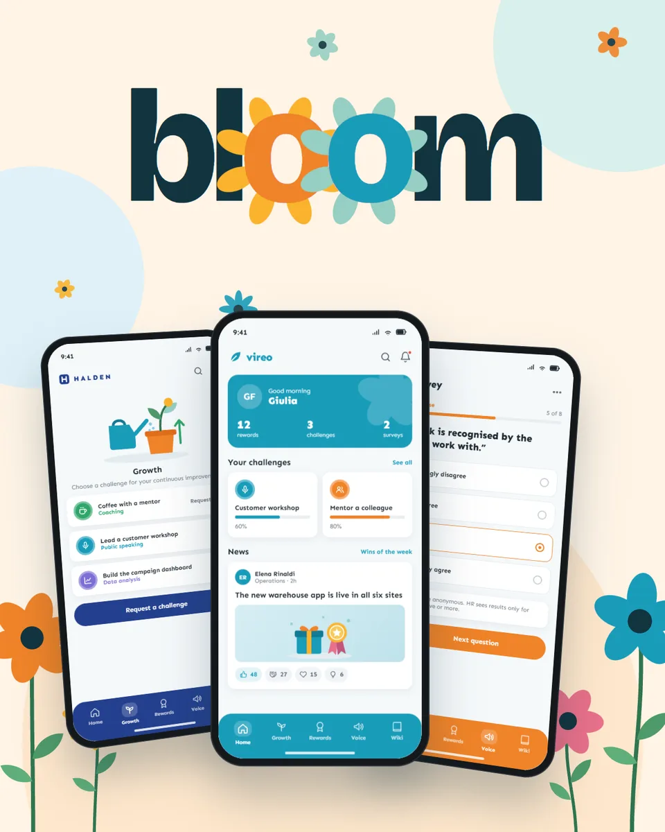 The word bloom with its two o's opening into orange and teal flowers, next to a tablet and a phone showing an employee profile and notifications, among flat flowers on a cream background