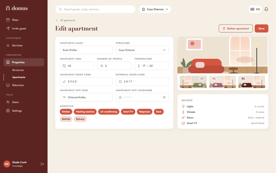 Apartment editor for Suite Ninfea with size, guests, temperature range, door codes, wifi, amenities, an interior illustration and the list of devices
