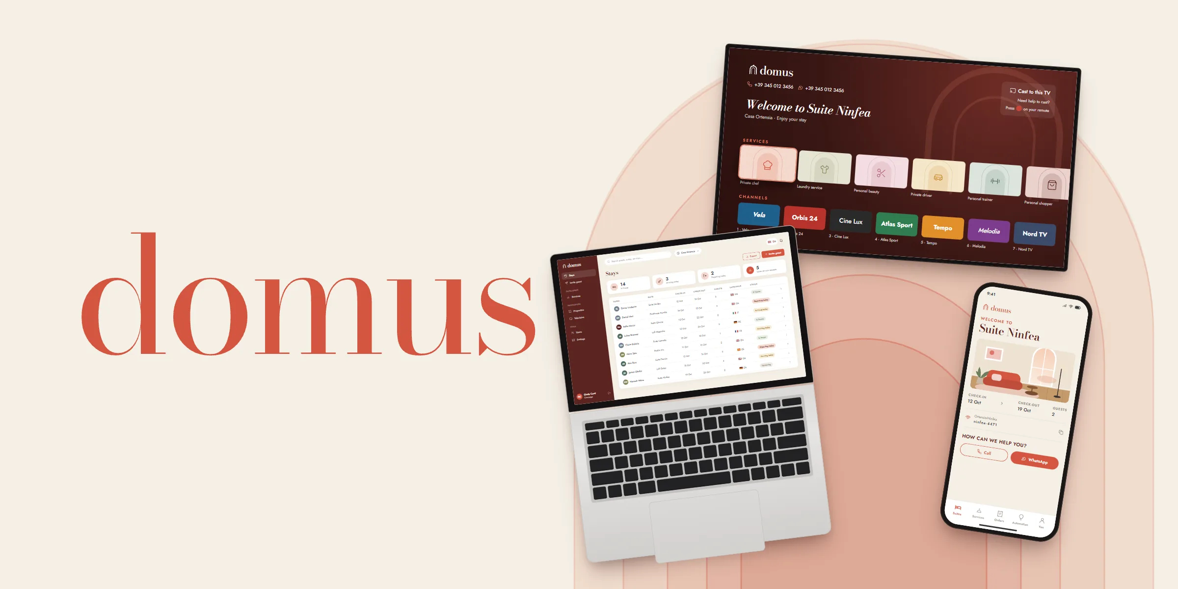 The word domus in terracotta serif type next to a TV with a welcome homepage, an open laptop with the list of stays and a phone showing a suite, lying on a cream surface with nested arches