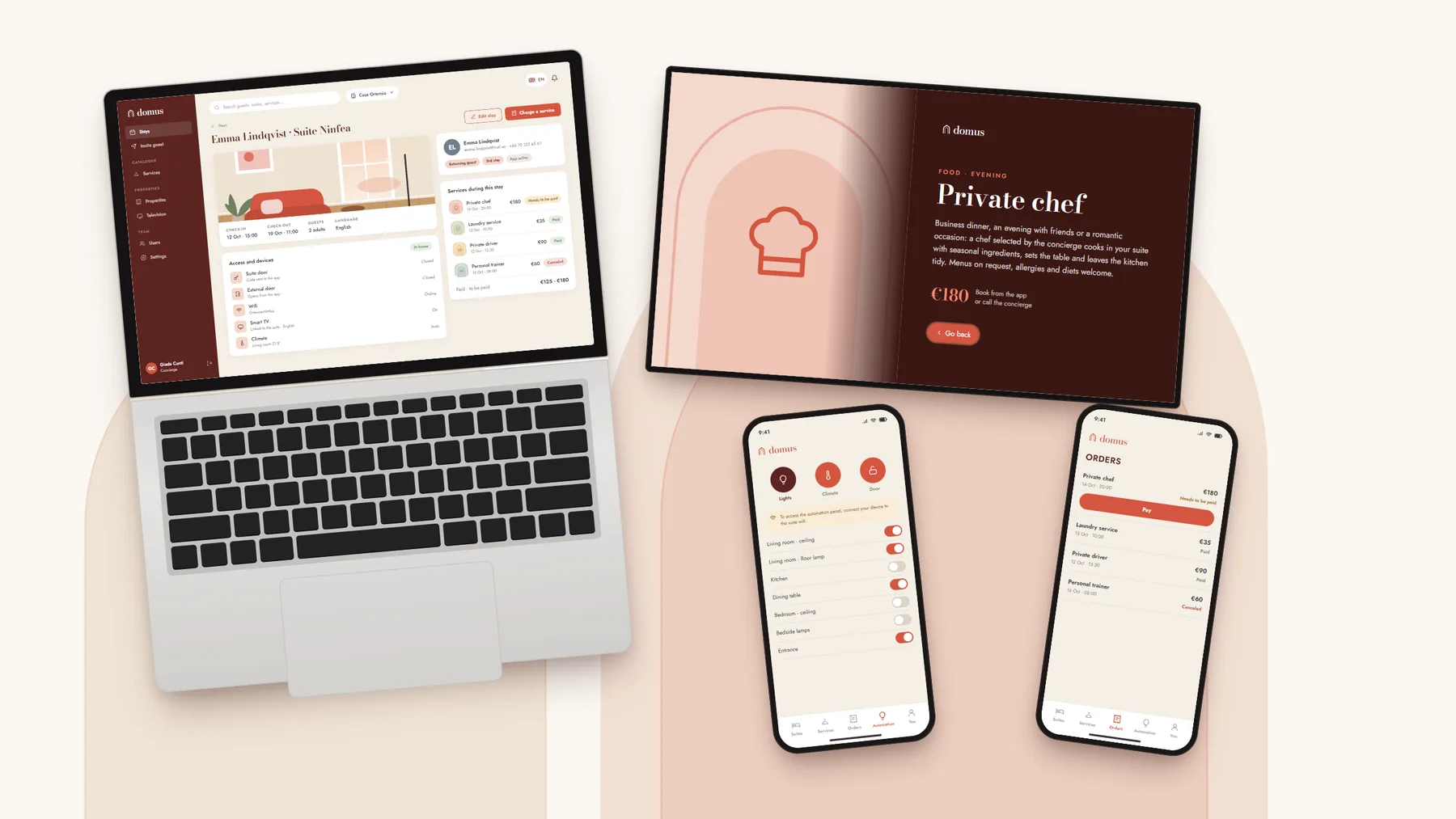 An open laptop with the details of a stay, a TV showing the private chef service and two phones with the lights and the orders of the same guest, lying on a surface with terracotta arches
