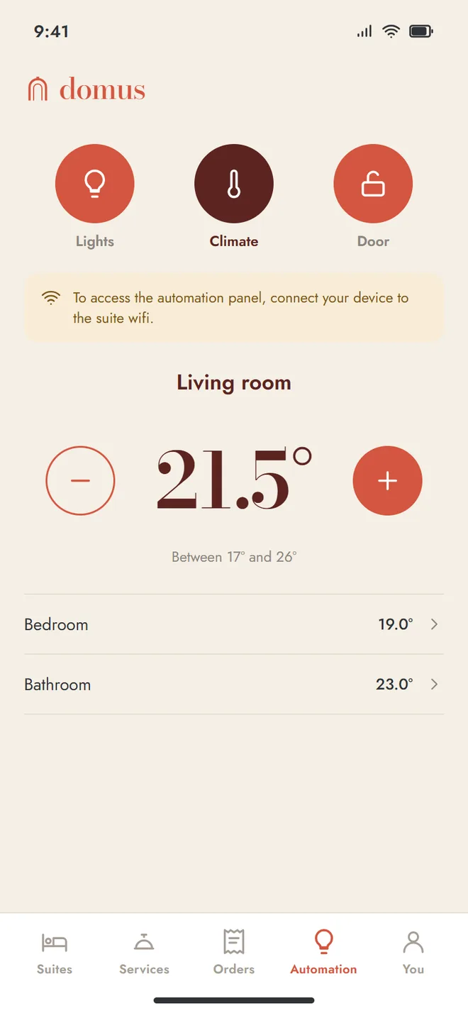 Phone climate screen with the living room set to 21.5 degrees between plus and minus buttons, and the bedroom and bathroom below