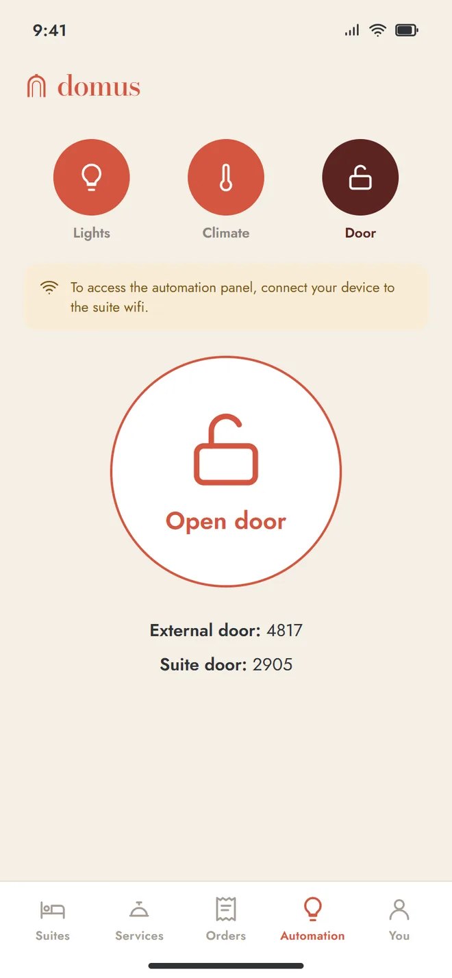 Phone automation screen with round buttons for lights, climate and door, a suite wifi notice, a large open door button and the door codes