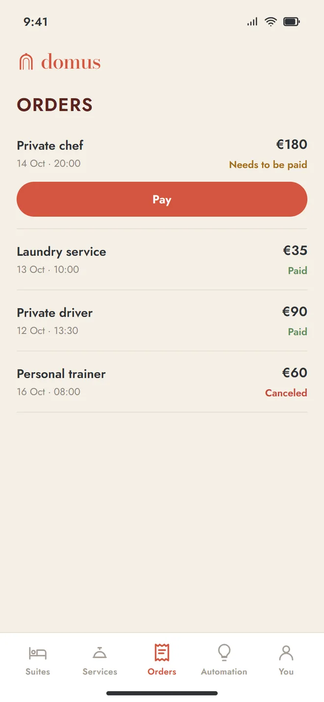Phone list of orders with a private chef booking waiting for payment and a pay button, and paid and canceled orders below