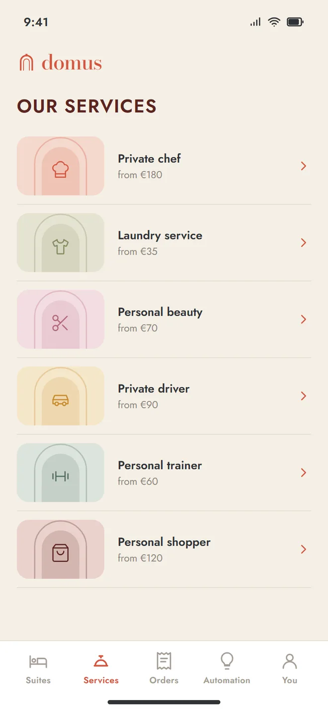 Phone list of services with an image, name and starting price for private chef, laundry, personal beauty, driver, trainer and shopper