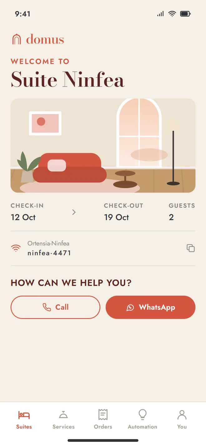 Phone home screen welcoming the guest to Suite Ninfea with an interior illustration, stay dates, the wifi password and call and WhatsApp buttons