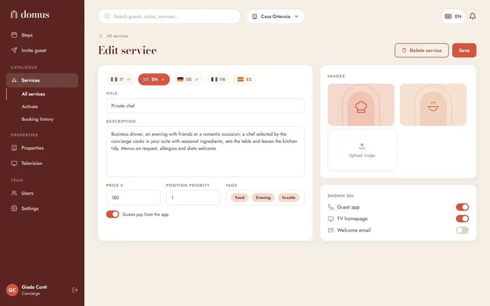Service editor for the private chef with five language tabs, title, description, price, tags, images and switches for the guest app and the TV homepage