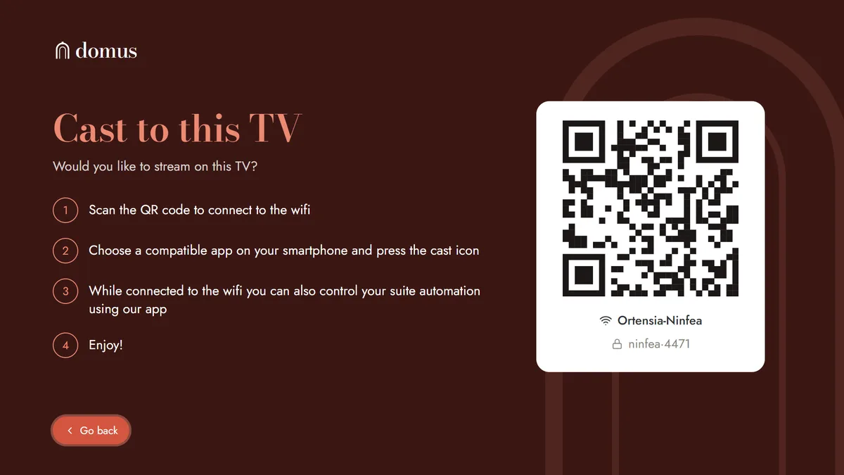TV page titled Cast to this TV with four numbered steps and a white card holding a QR code, the suite wifi name and password