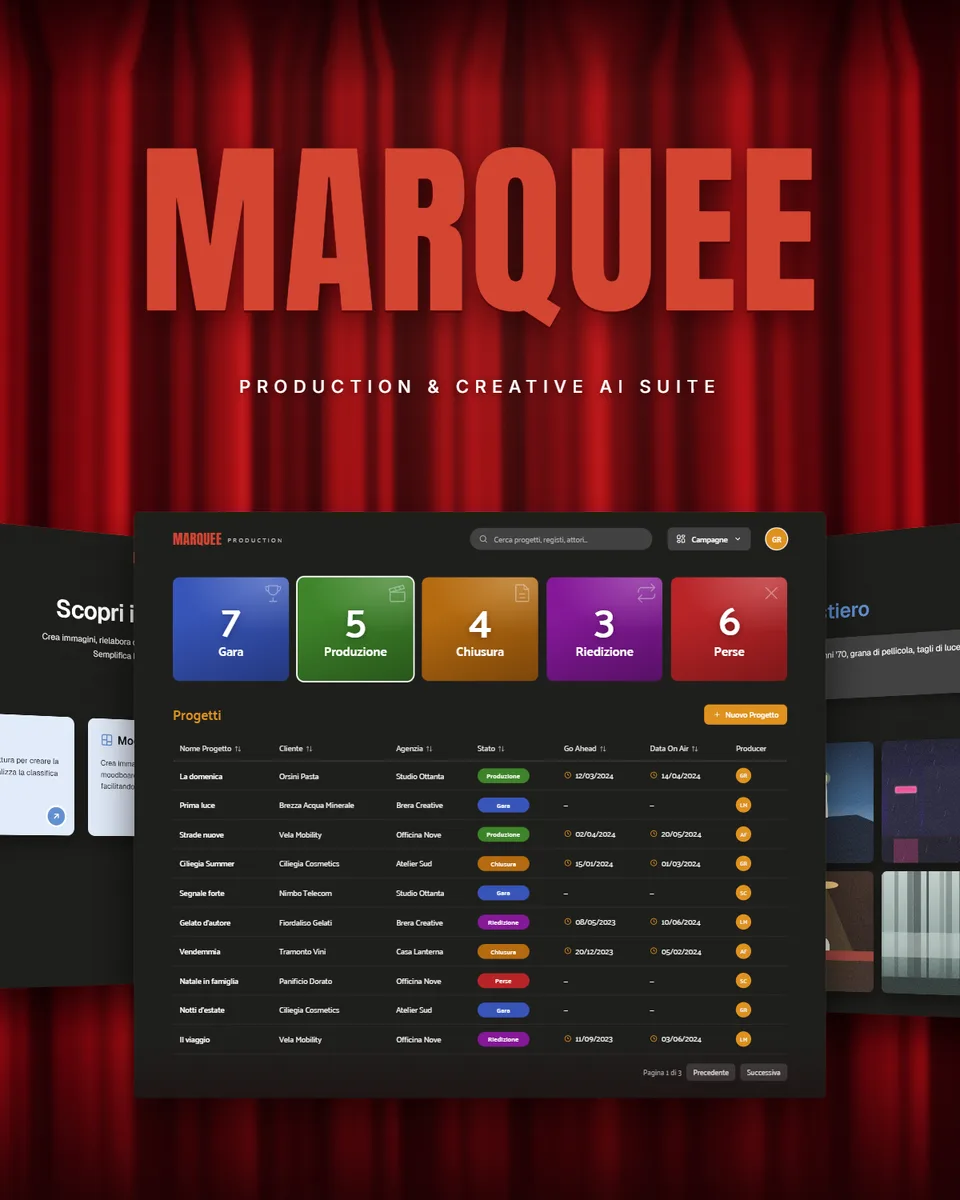 The word MARQUEE in heavy brick-red letters on closed red velvet theatre curtains, above a fan of dark dashboard screens