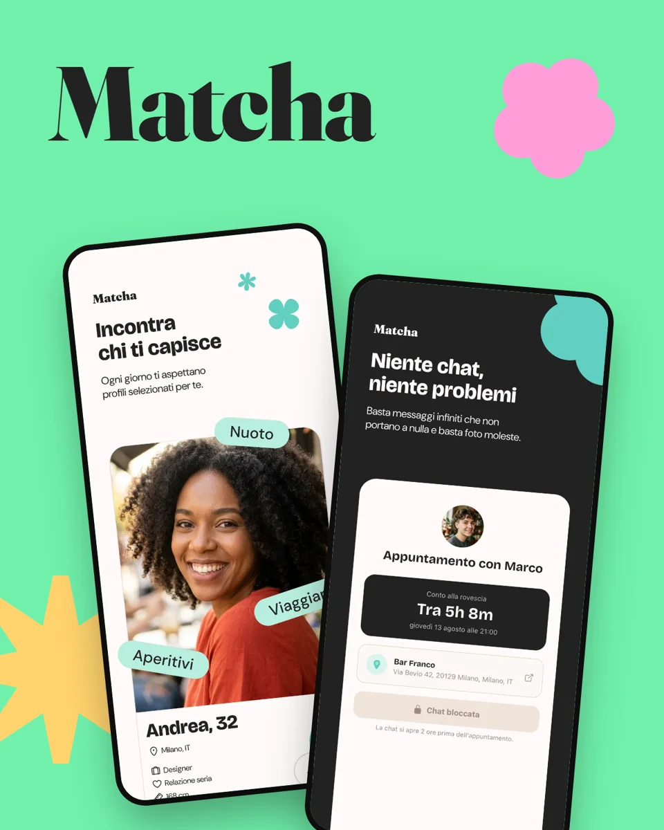 The Matcha wordmark and tagline on charcoal, surrounded by halftone cut-outs of a matcha cup, a spritz and friends laughing, with the brand's flower shapes