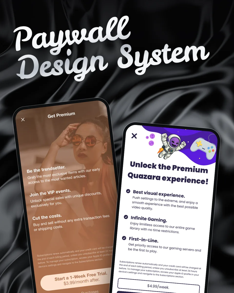 The title Paywall Design System in a white and silver retro script over black liquid chrome with silver reflections