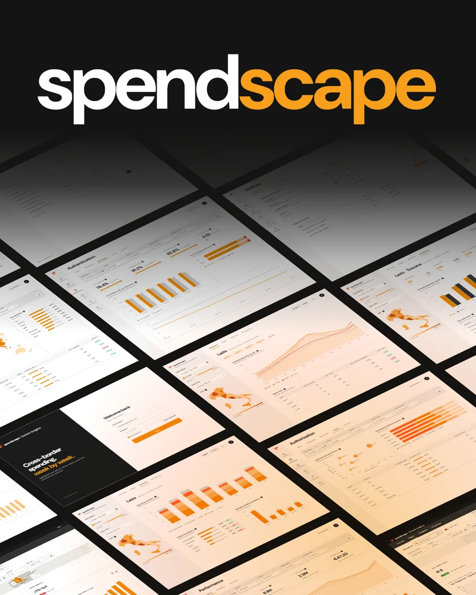The title spendscape in white and orange on charcoal, next to tilted dashboard screens with maps, bar charts and trend lines