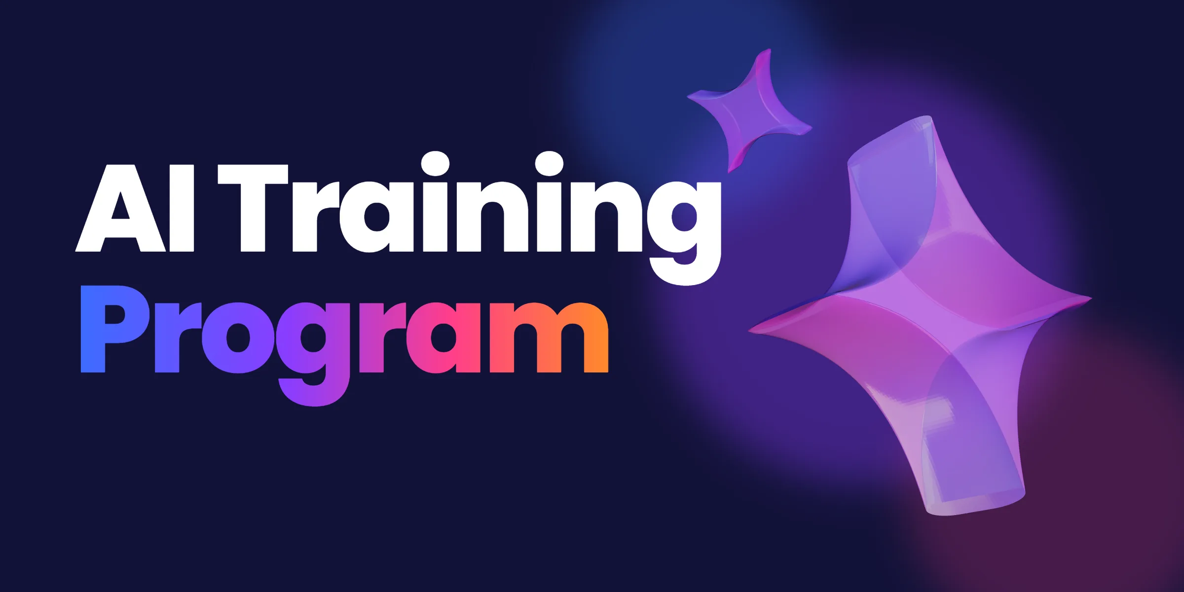The title AI Training Program on dark navy, next to two semi-transparent glass sparkles in violet and pink