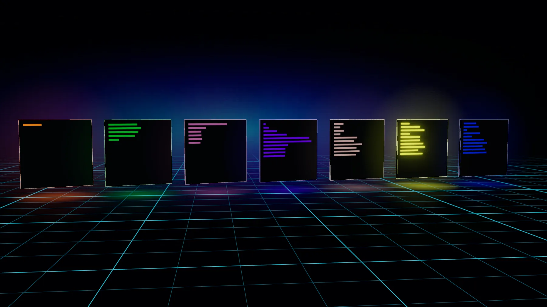 The seven tokens standing in a row on a cyan wireframe grid, from the single orange bar of Hello, World! to the blue bars of ResNet, each casting a soft pool of its own color on the floor