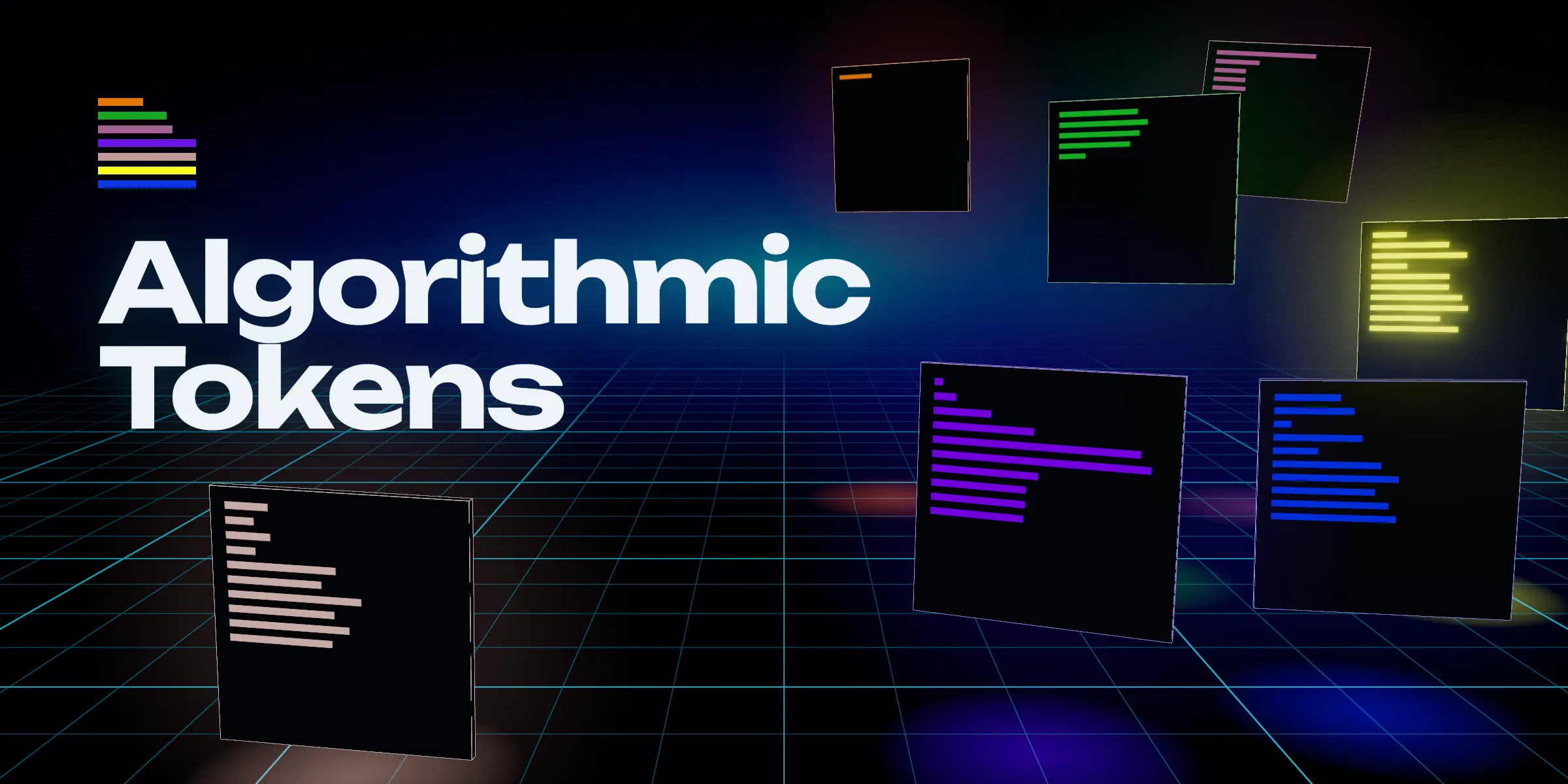 The words Algorithmic Tokens in white next to seven square tokens with colored bars, floating over a cyan wireframe grid that fades into a dark horizon