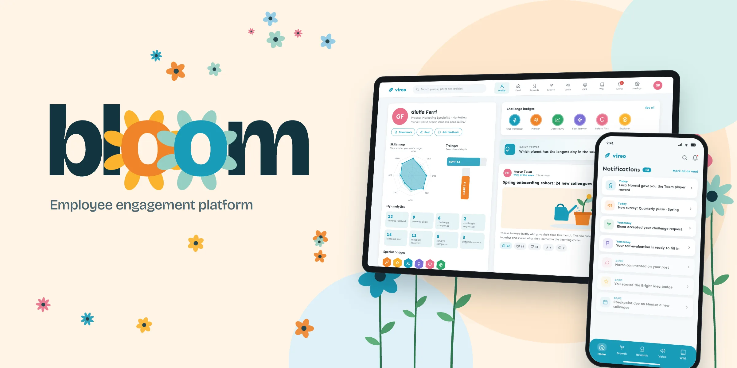 The word bloom with its two o's opening into orange and teal flowers, next to a tablet and a phone showing an employee profile and notifications, among flat flowers on a cream background