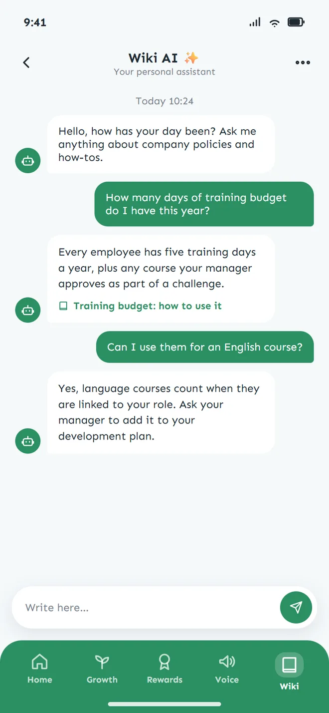 Phone chat with the wiki AI assistant answering a question about the training budget and citing an article