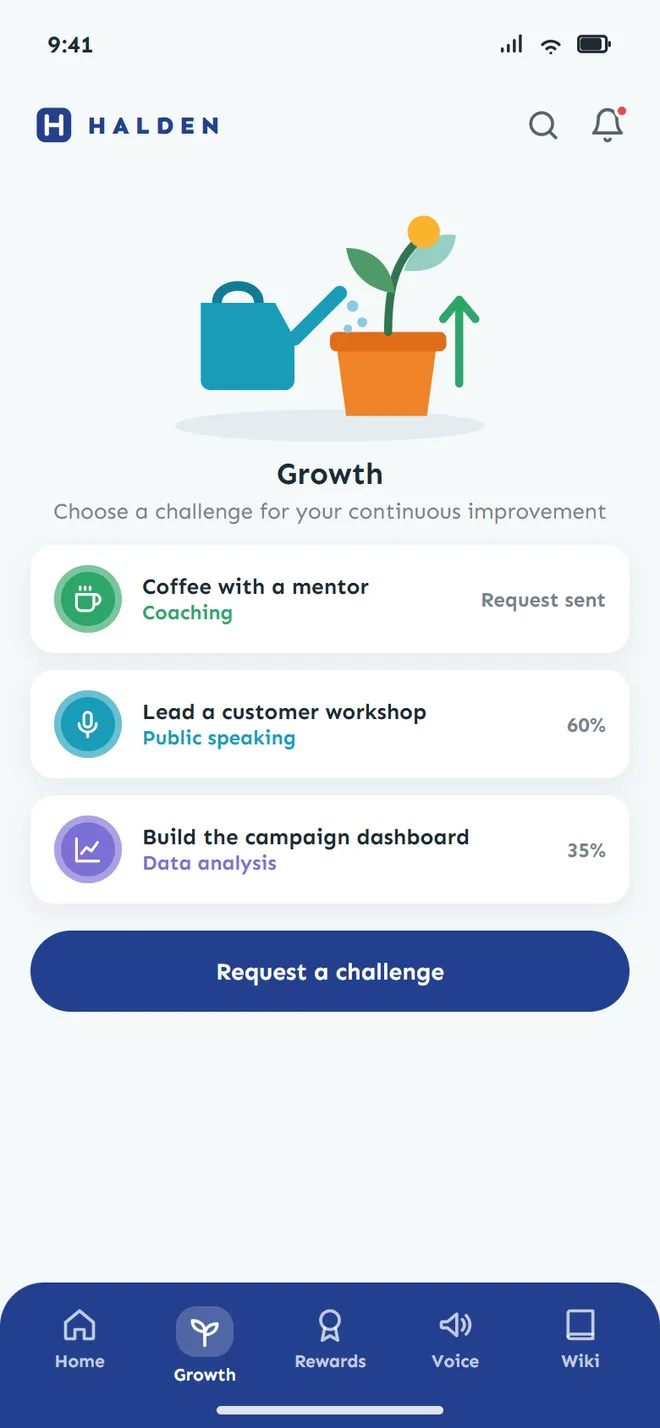 Phone growth screen in a navy workspace with a watering can illustration, three challenges and a request button