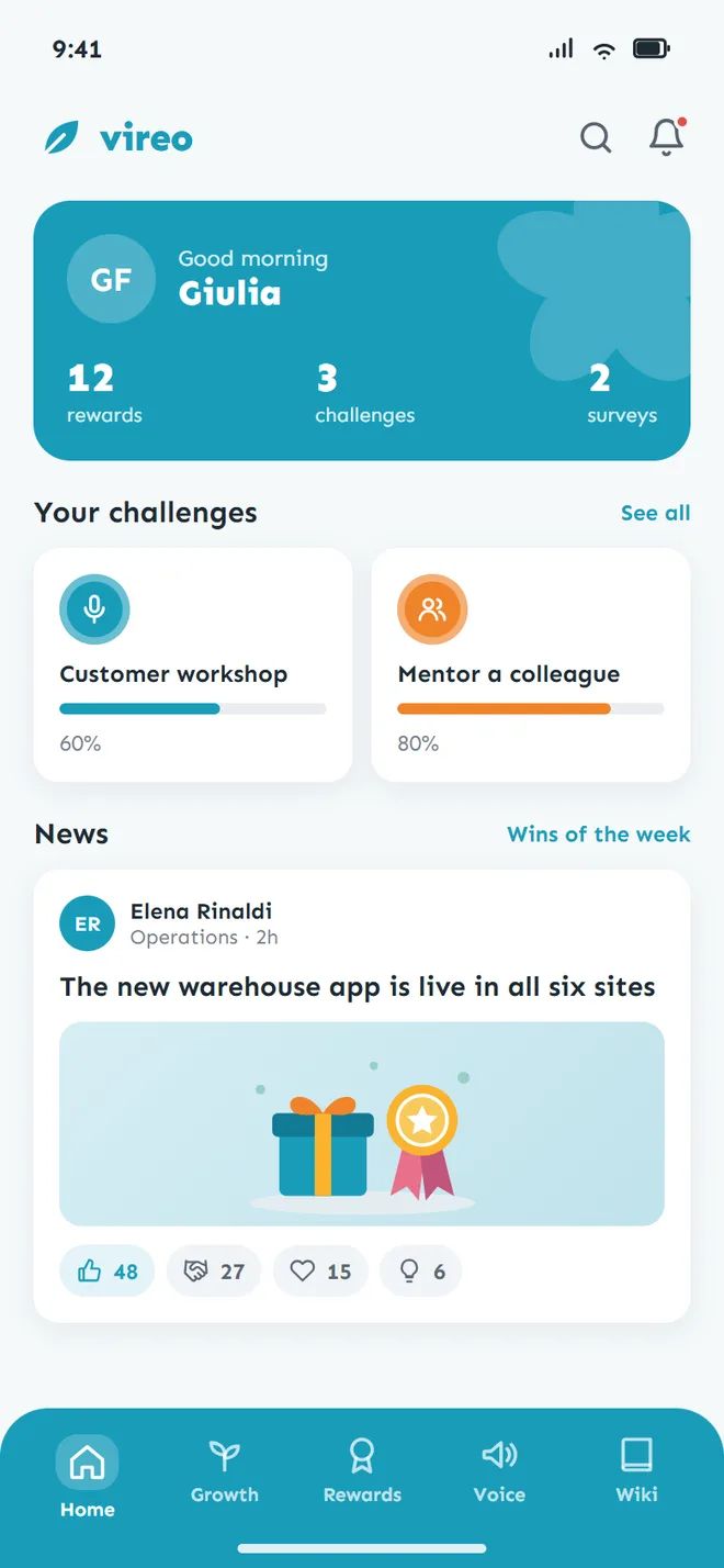 Phone home screen with a greeting card, two challenges with progress bars and a news post with reactions