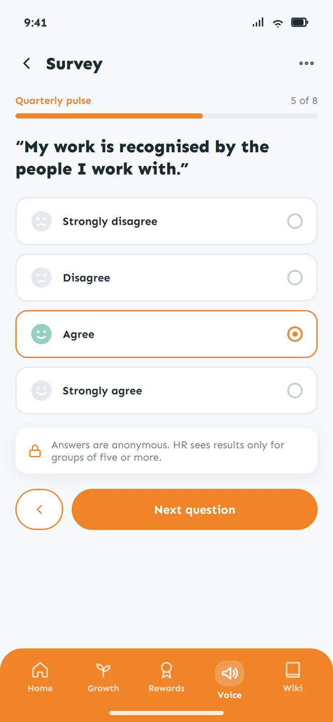 Phone survey question with four agreement options shown as faces and an anonymity note
