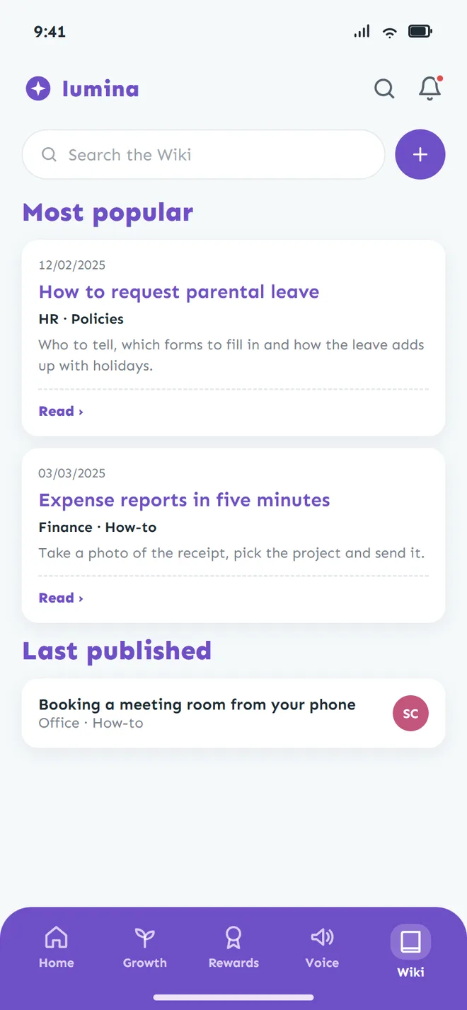 Phone wiki screen with a search field, popular articles and the last published article