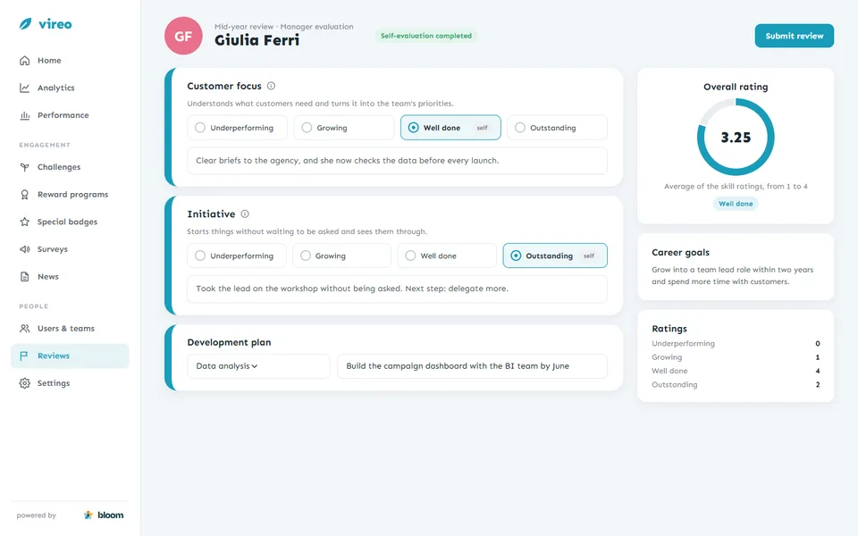 Manager review form with two skills rated on a four-step scale, notes, a development plan and an overall rating ring