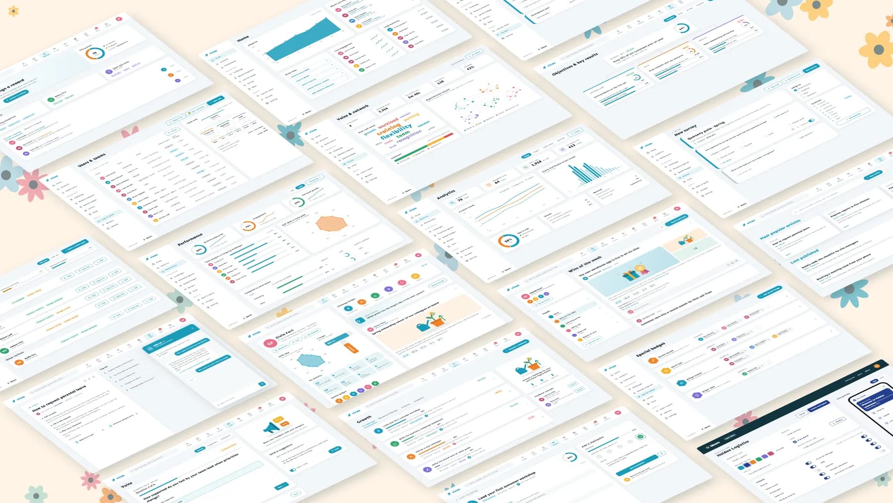 Isometric grid of twenty light dashboard screens on a cream background with flat flowers: profiles, feed, challenges, OKRs, wiki, HR analytics, network graph, surveys, reviews and workspace settings