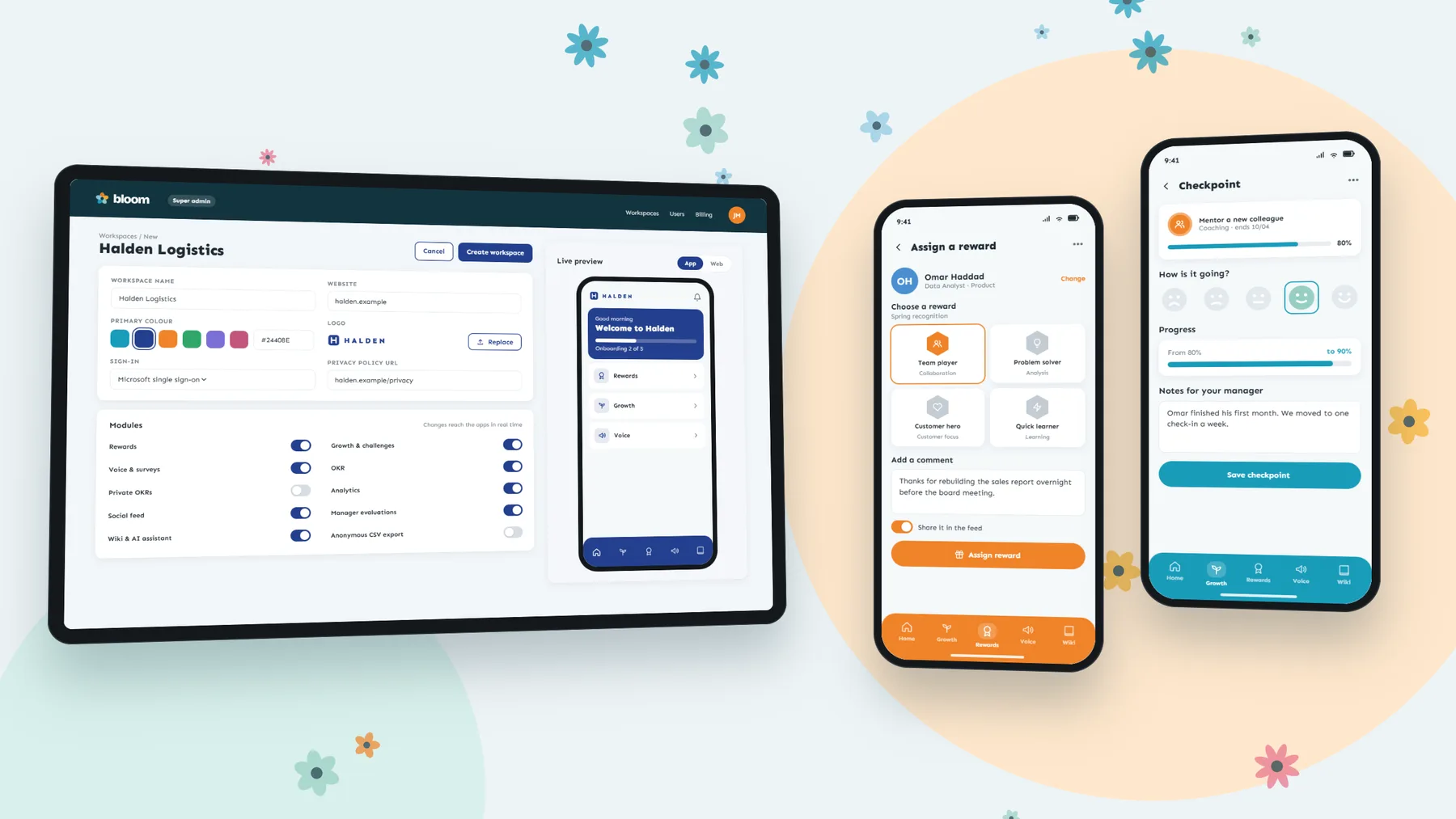 Workspace setup screen for a logistics company with a navy colour, logo and module toggles, next to two phones showing the app in orange and teal workspaces