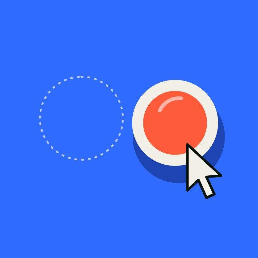 A round coral button with depth and a cursor approaching it, next to a dashed empty circle