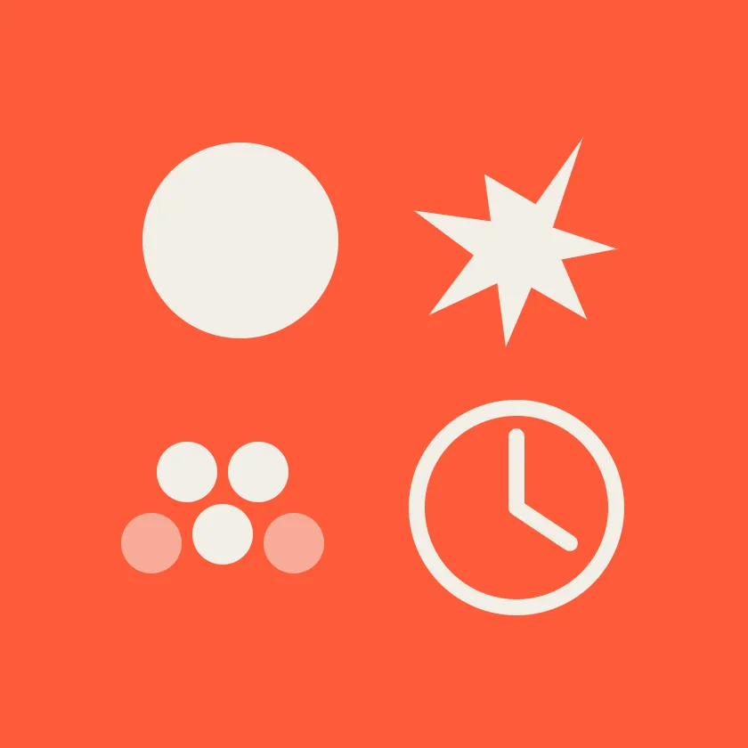 Four flat cream shapes on coral: a circle, a spiky star, a cluster of dots and a clock