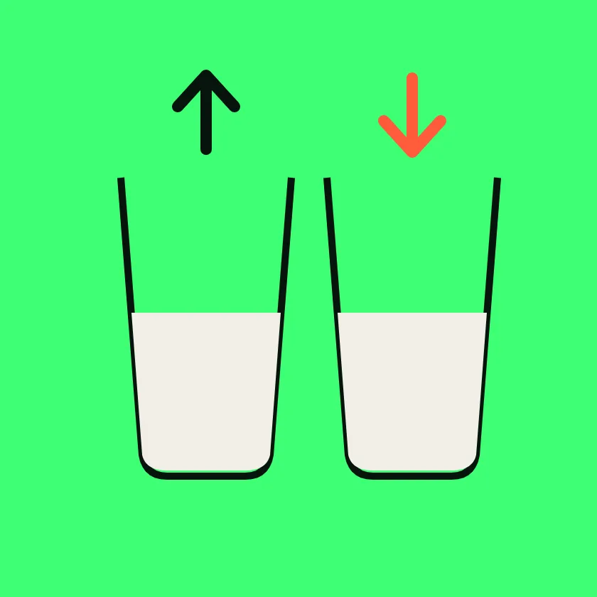 Two identical glasses filled to the same level, one under an arrow pointing up and one under an arrow pointing down