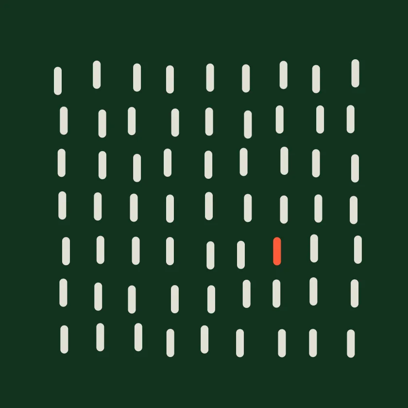 A field of cream vertical bars on dark green with a single coral bar that stands out