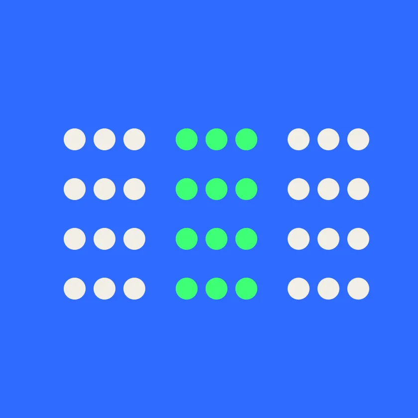 Thirty-six dots on blue in three groups of twelve separated by space, the middle group in neon green
