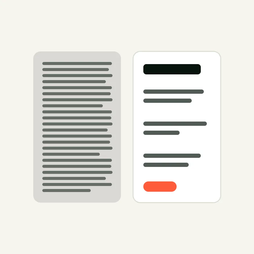 A dense block of long grey text lines next to a cream card with a bold title, short spaced lines and a coral button
