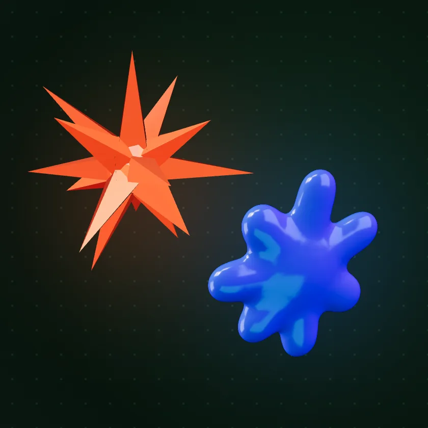 A spiky coral star and a soft blue blob with rounded lobes in 3D, floating on near-black green