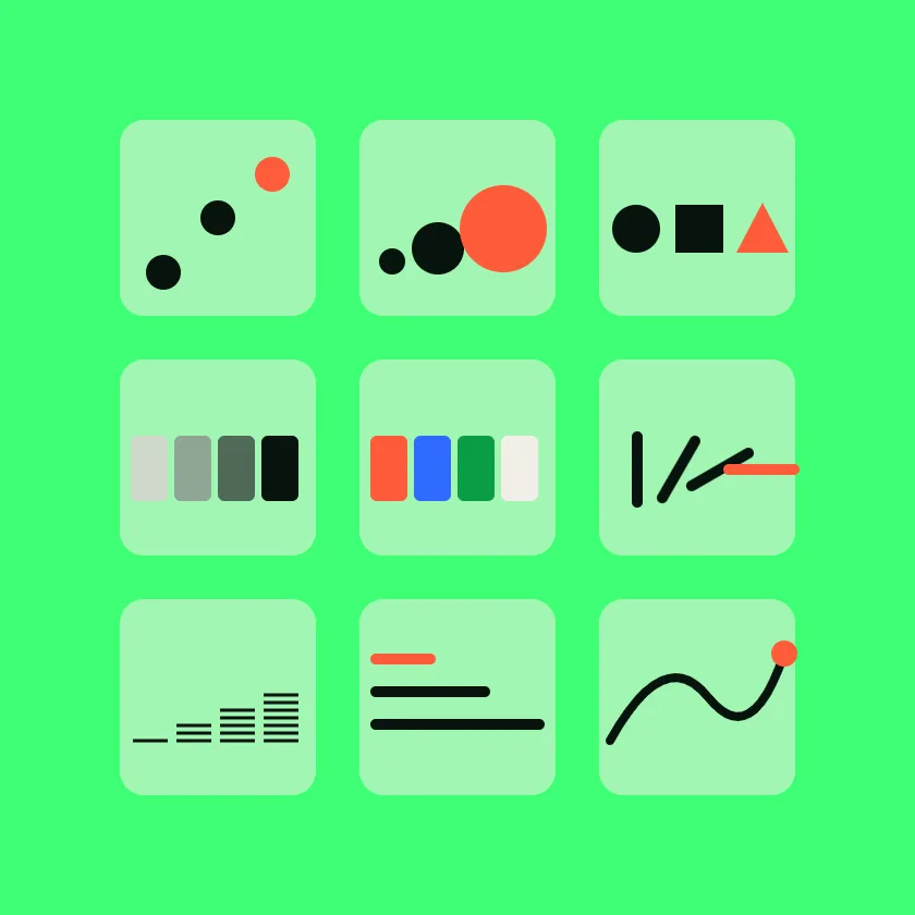A grid of nine tiles, each showing one visual variable: position, size, shape, value, color, orientation, texture, length and slope