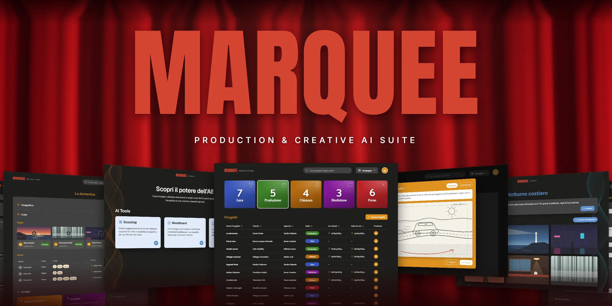 The word MARQUEE in heavy brick-red letters on closed red velvet theatre curtains, above a fan of dark dashboard screens