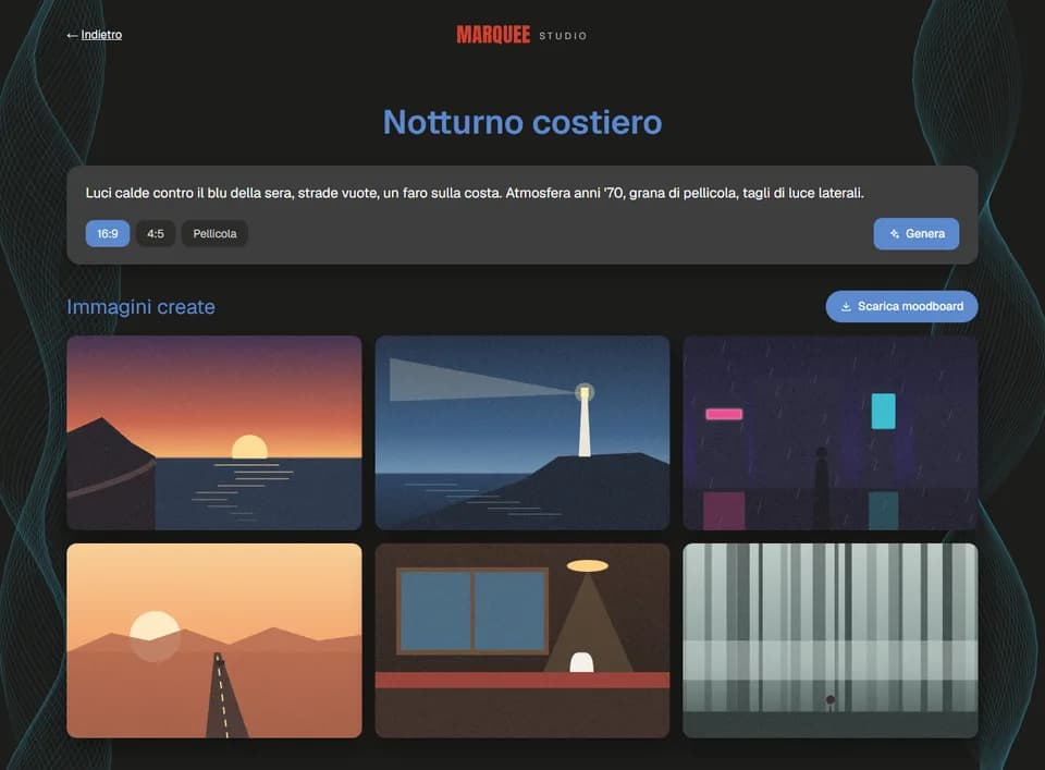 Moodboard page titled Notturno costiero with a written mood and six generated images of coasts, a lighthouse, neon streets and a desert road
