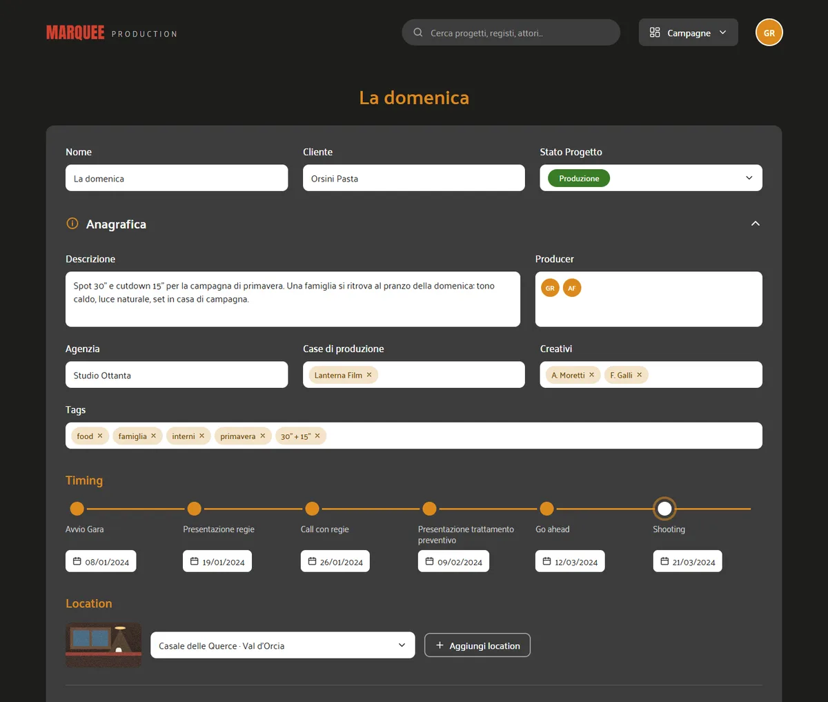 Project sheet with name, client and status, registry fields with tags, and a timing line from tender start to shooting