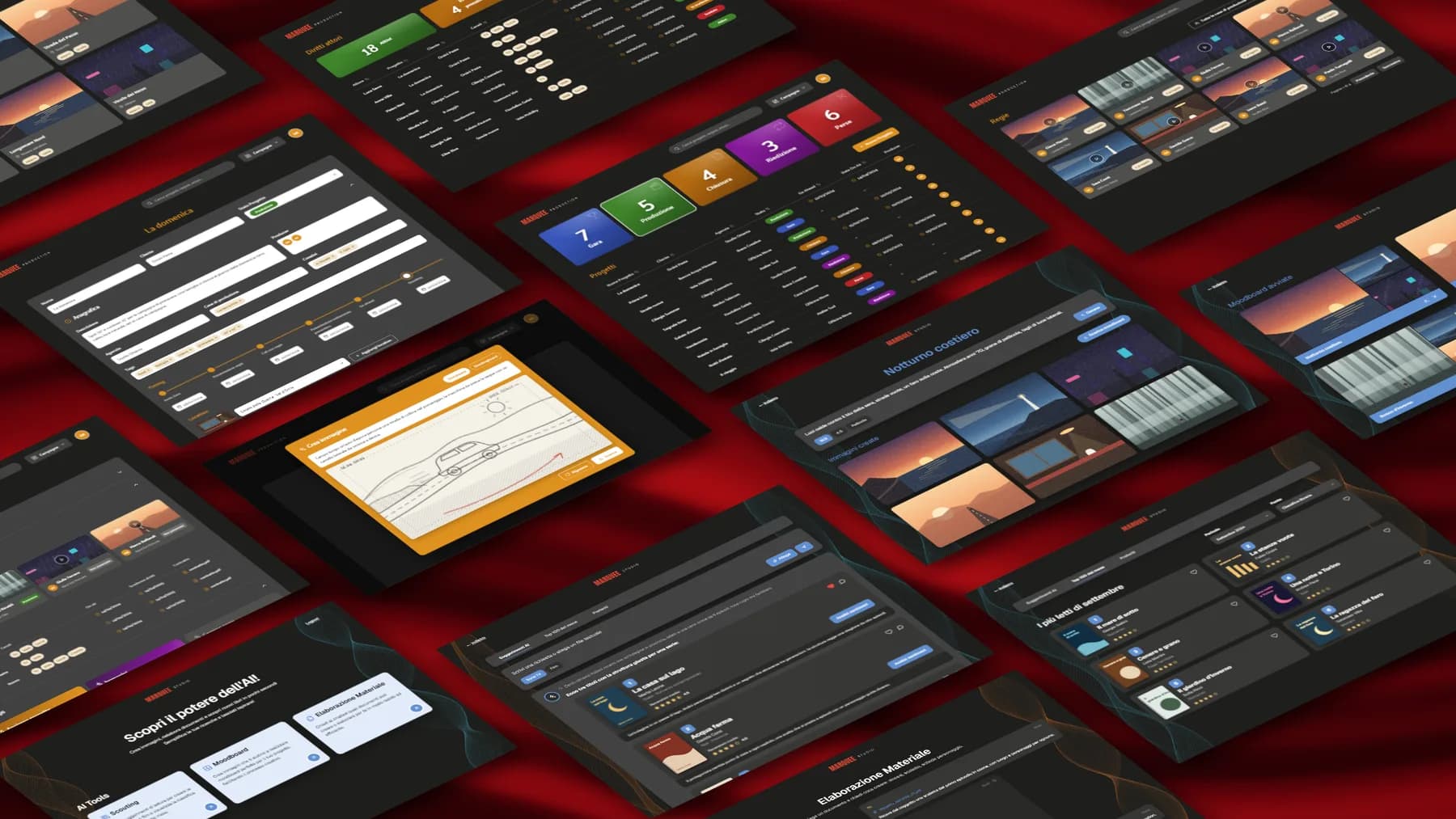 Isometric grid of fourteen dark dashboard screens on a red silk veil: status cards, project tables, rights, directors, a pencil storyboard, moodboards and book suggestions