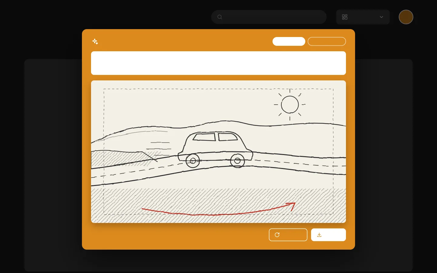 Orange dialog titled Crea immagine with Storyboard selected, a scene description in Italian and a pencil sketch of a vintage car on a hill road with a red camera-move arrow