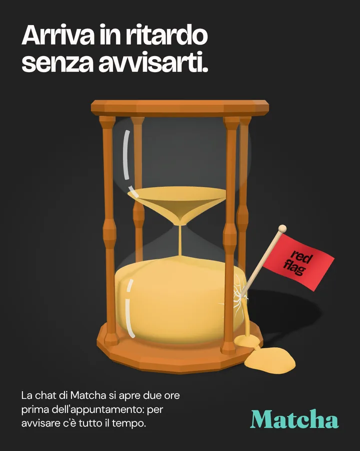 Instagram post: a 3D hourglass with a red flag, about arriving late without warning