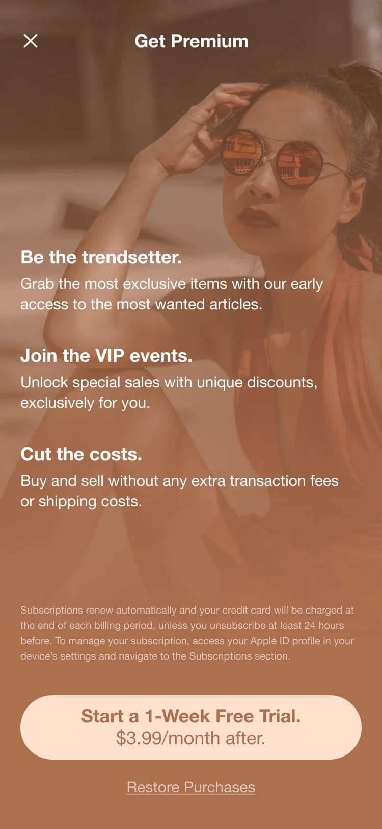 Paywall for a fashion resale app: full-screen lifestyle photo, three benefits and a single free-trial button