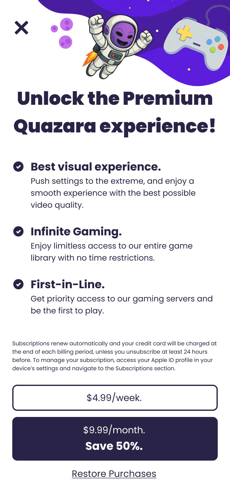 Paywall for a cloud gaming app: illustrated header, three benefits, a weekly plan and a highlighted monthly plan that saves 50%