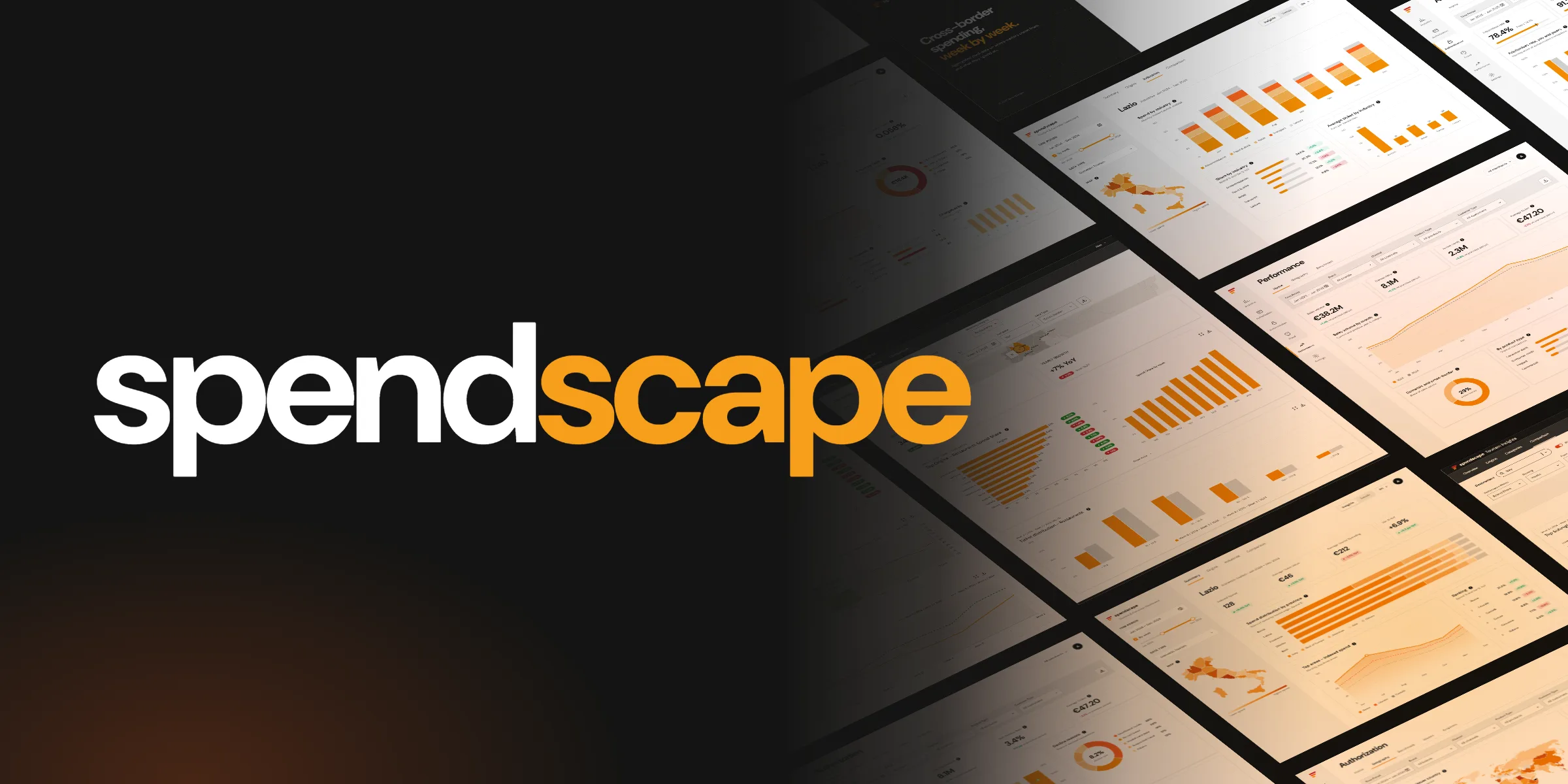 The title spendscape in white and orange on charcoal, next to tilted dashboard screens with maps, bar charts and trend lines