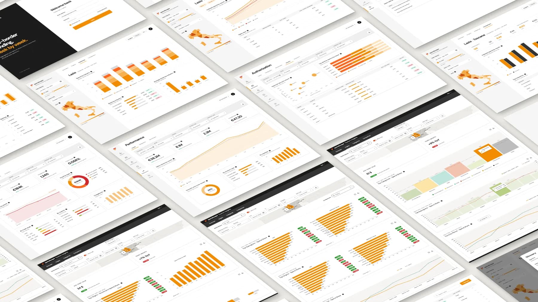 Tilted grid of twenty different dashboard screens: tourism maps and rankings, sign-in pages, fraud, performance and authorization views, an admin user list and a glossary